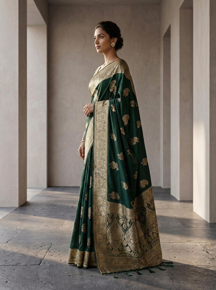 Bottle Green Floral Design Silk Saree