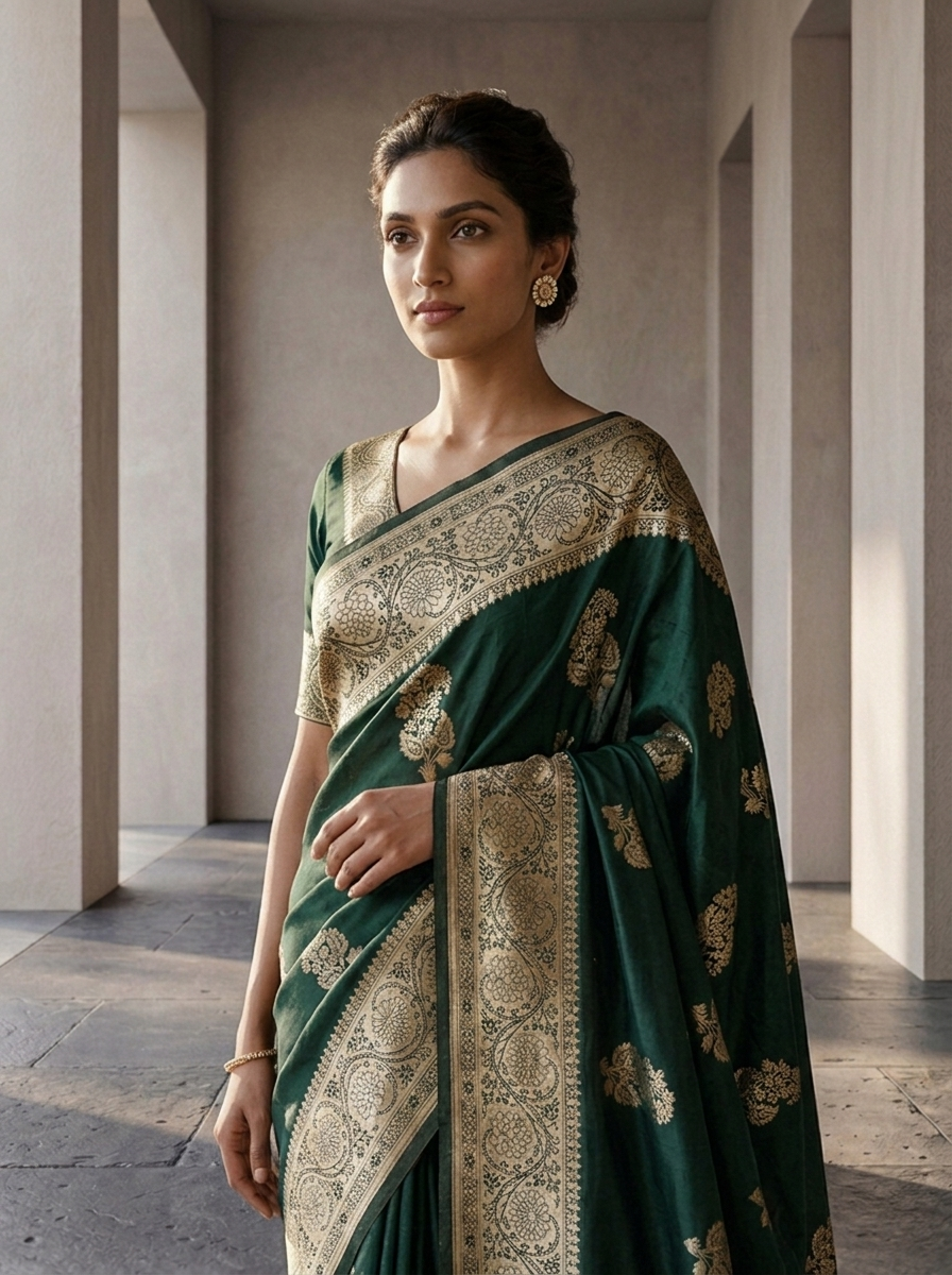 Bottle Green Floral Design Silk Saree