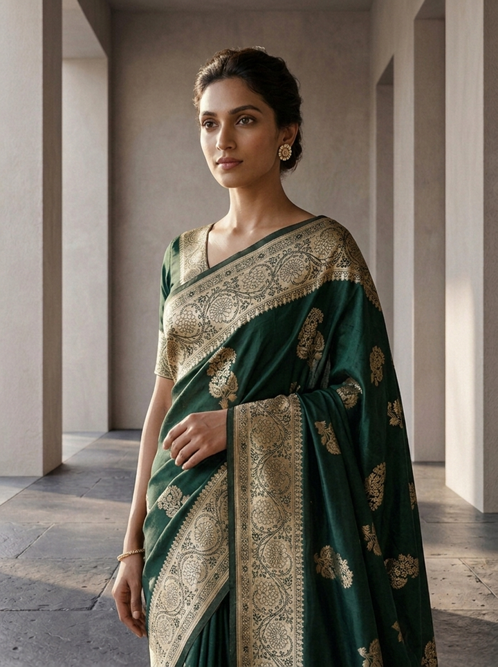 Bottle Green Floral Design Silk Saree