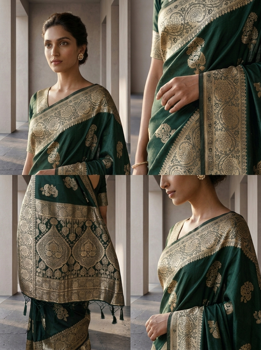 Bottle Green Floral Design Silk Saree