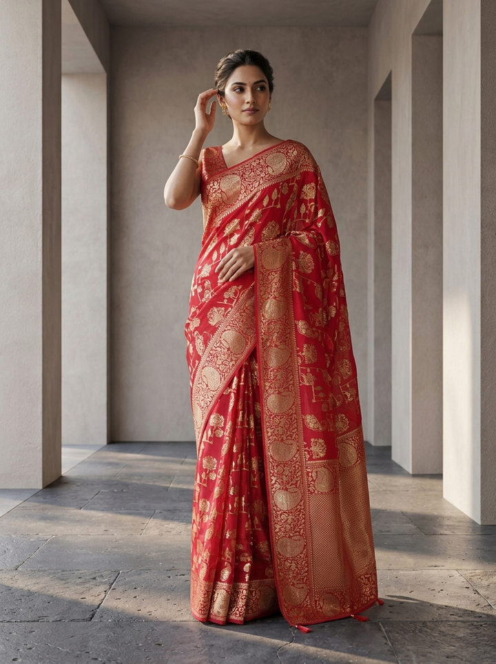 Rani Pink Banaras Paisley Design Weaved Saree
