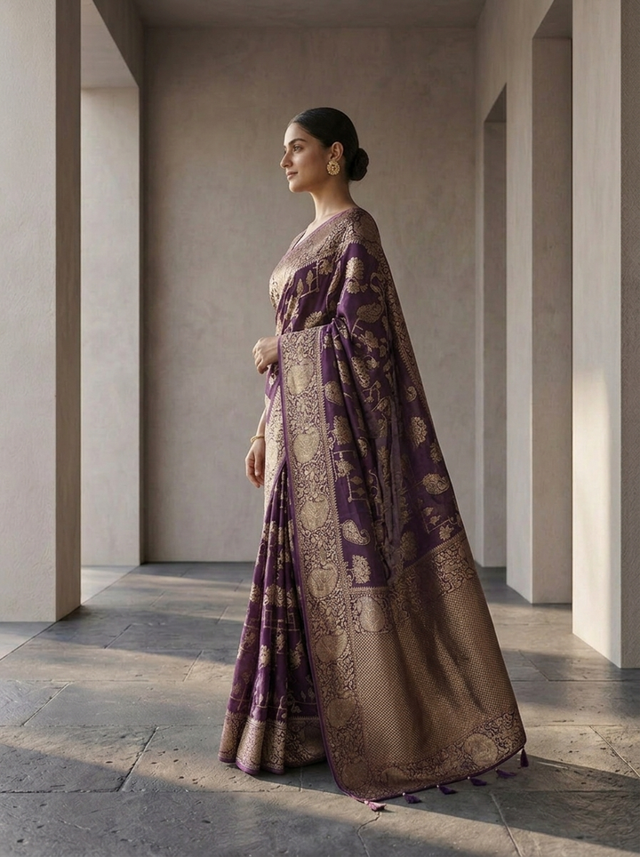 Purple Banaras Paisley Design Weaved Saree