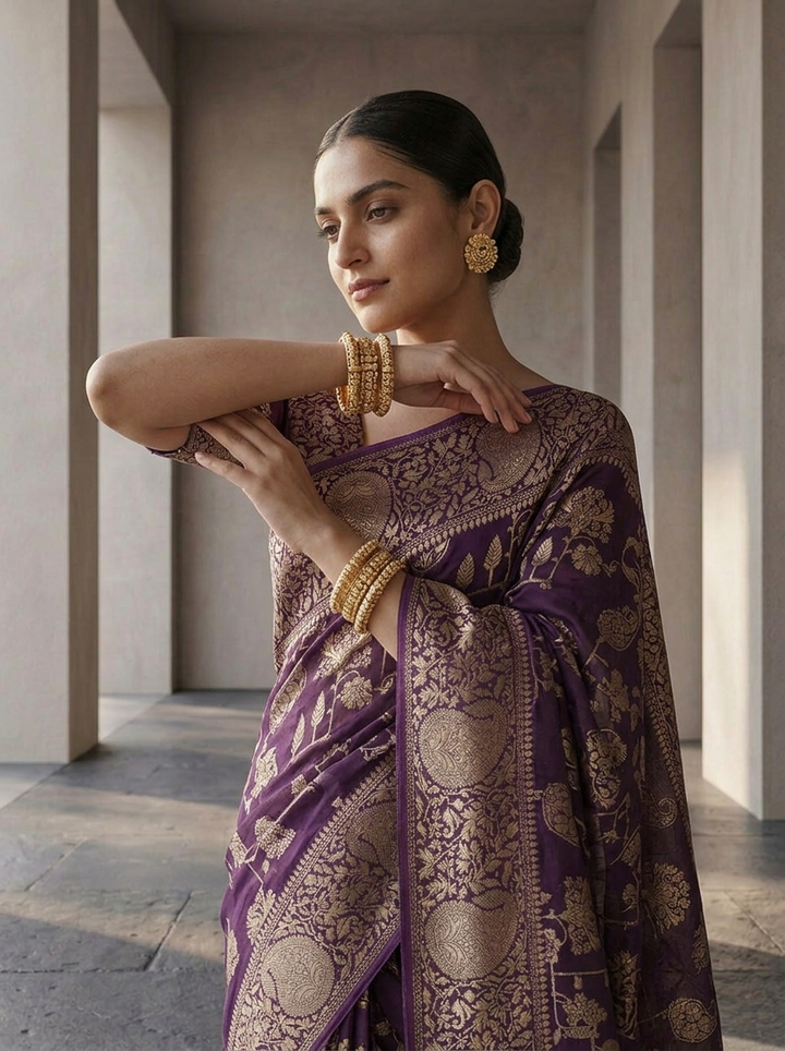 Purple Banaras Paisley Design Weaved Saree