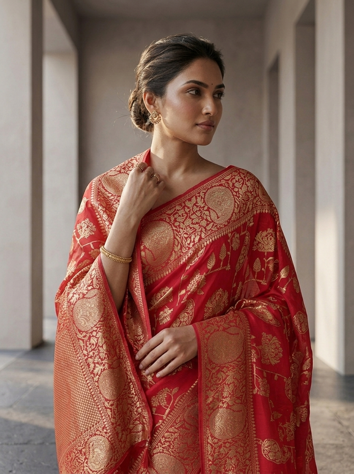 Rani Pink Banaras Paisley Design Weaved Saree