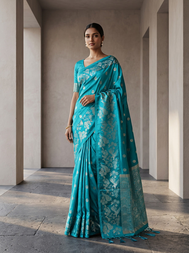 Rama Green Silk Buta Motifs Design Weaved Saree
