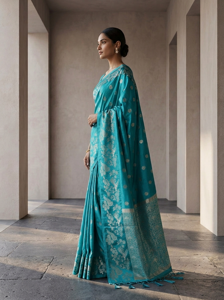 Rama Green Silk Buta Motifs Design Weaved Saree