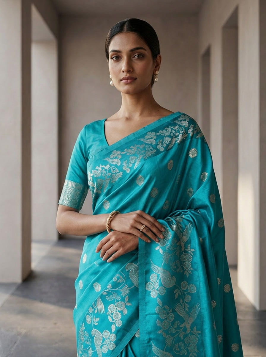 Rama Green Silk Buta Motifs Design Weaved Saree