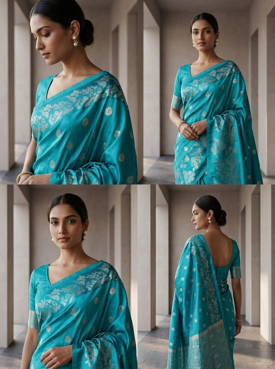Rama Green Silk Buta Motifs Design Weaved Saree