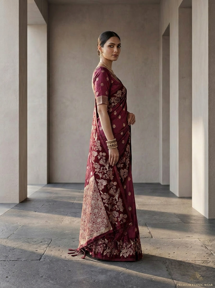 Wine Silk Buta Motifs Design Weaved Saree