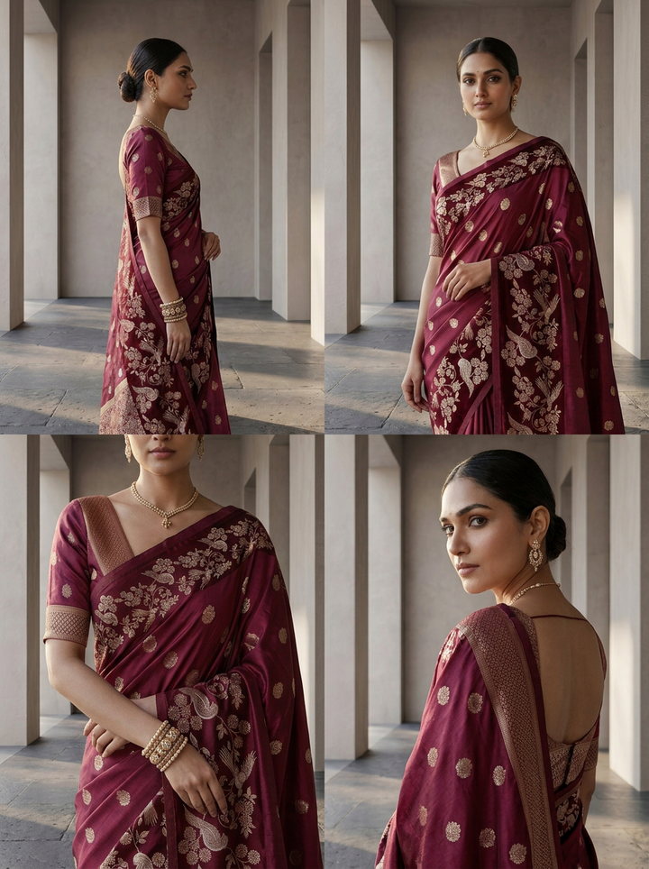 Wine Silk Buta Motifs Design Weaved Saree