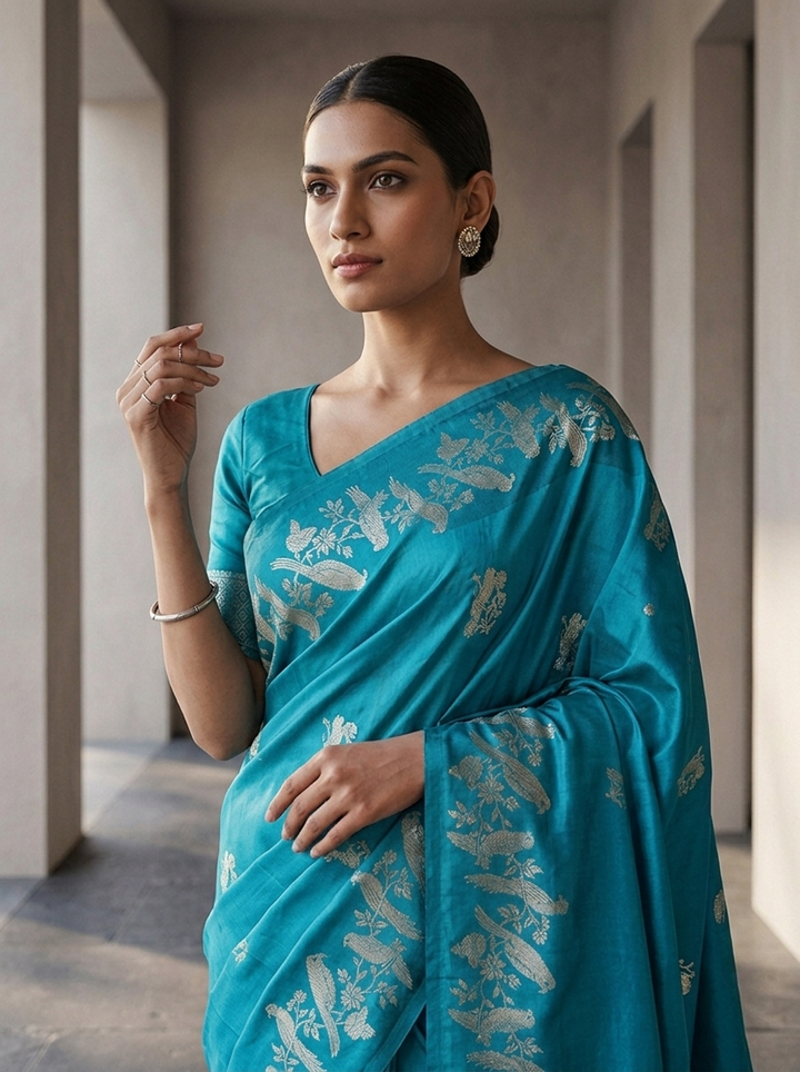 Sea Green Silk Kili Design Weaved Saree