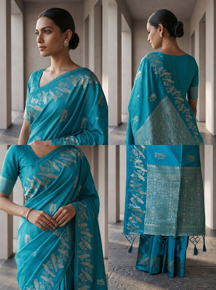 Sea Green Silk Kili Design Weaved Saree