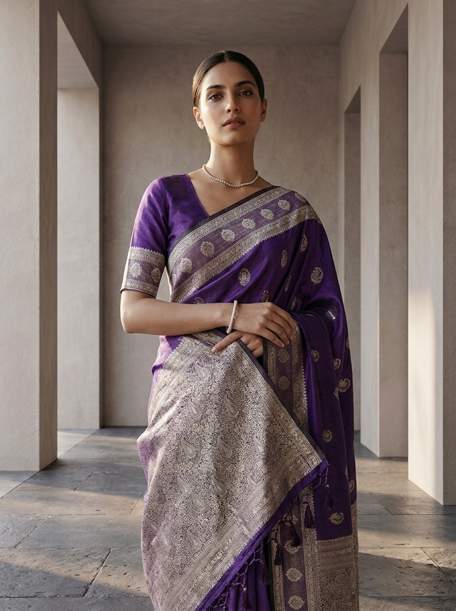 Purple Silk Buti Design Weaved Saree
