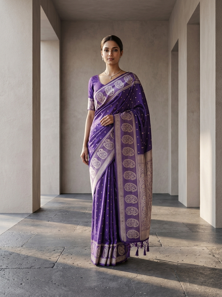 Purple Silk Paisley Design Weaved Saree