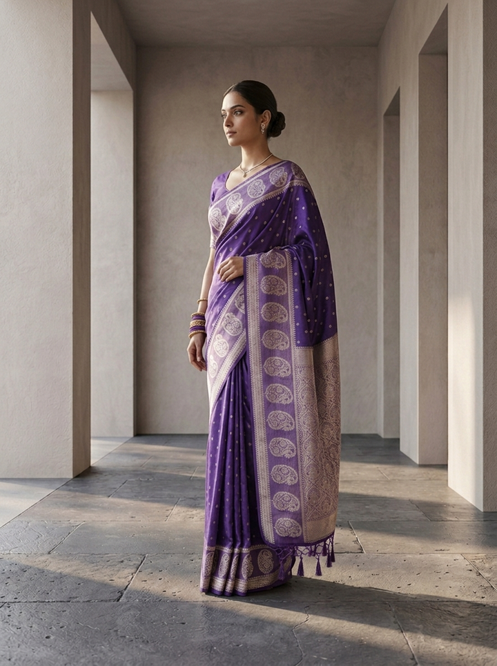 Purple Silk Paisley Design Weaved Saree