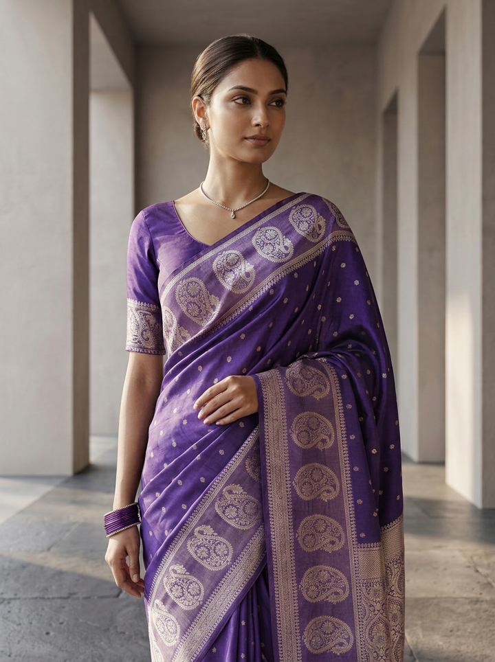 Purple Silk Paisley Design Weaved Saree