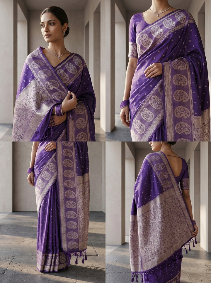 Purple Silk Paisley Design Weaved Saree