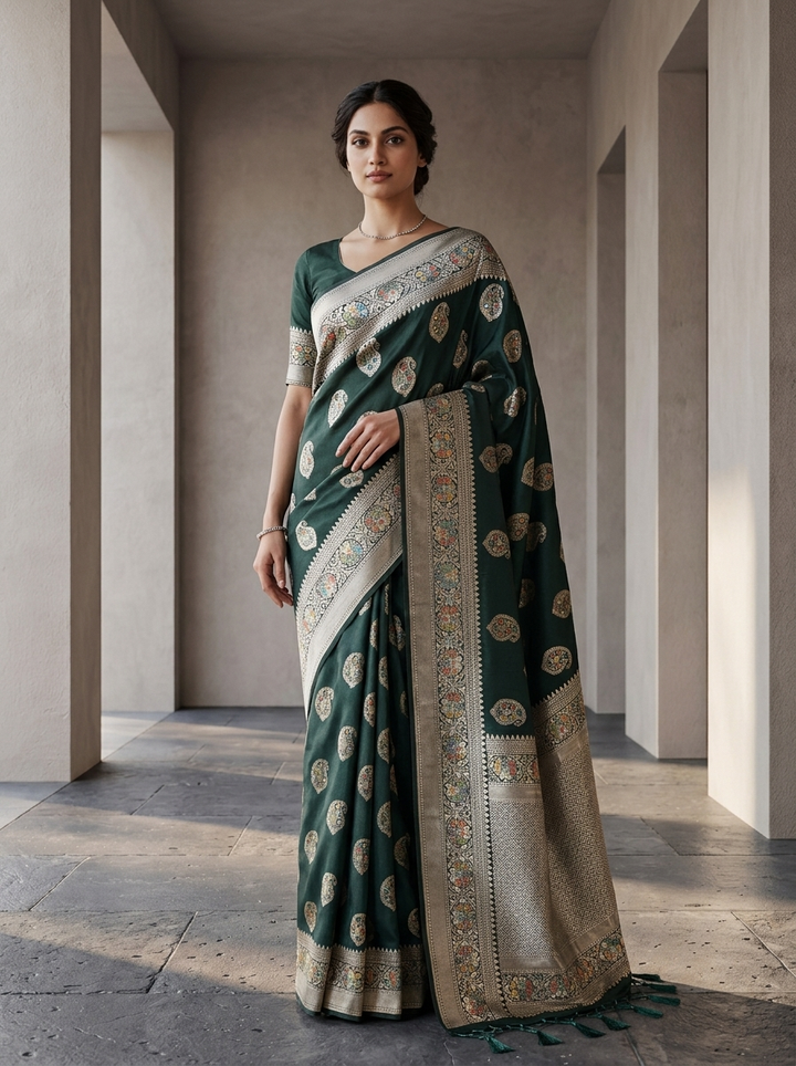Bottle Green Silk Saree With Paisley Design And Zari Weaving