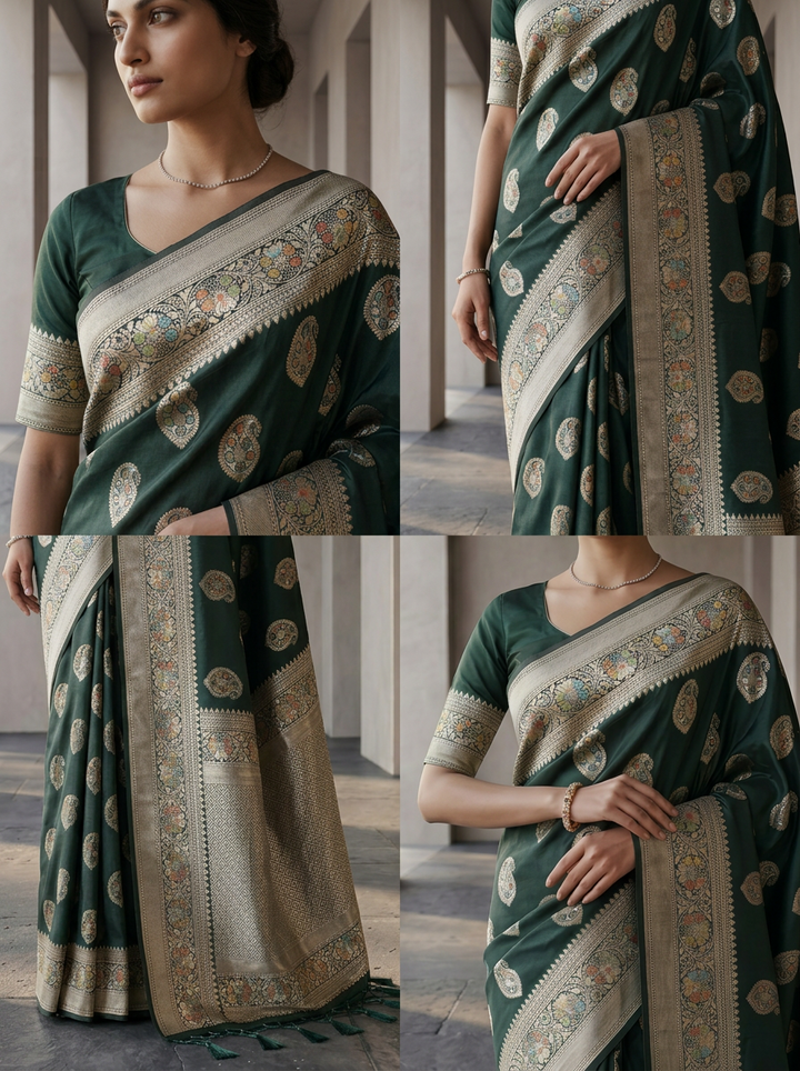 Bottle Green Silk Saree With Paisley Design And Zari Weaving