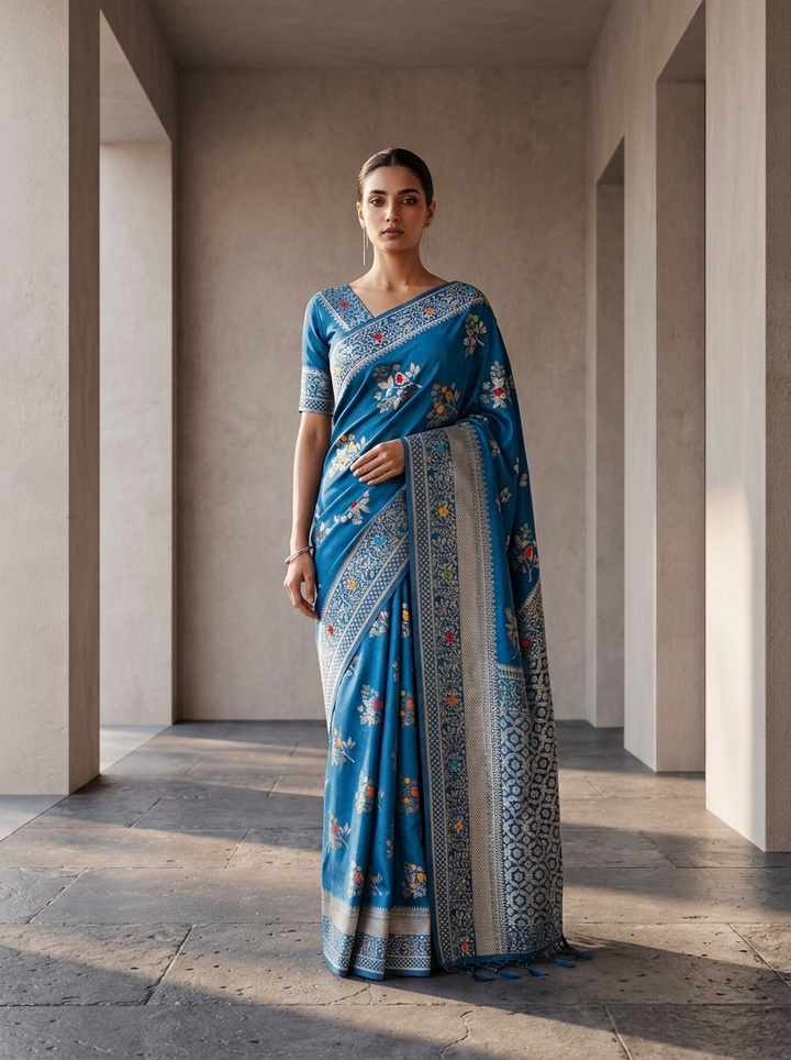 Blue Heavy Floral Design Weaved Silk Saree