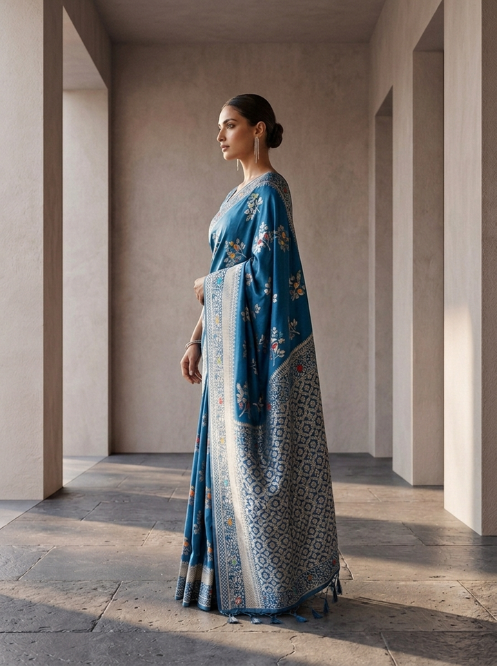 Blue Heavy Floral Design Weaved Silk Saree