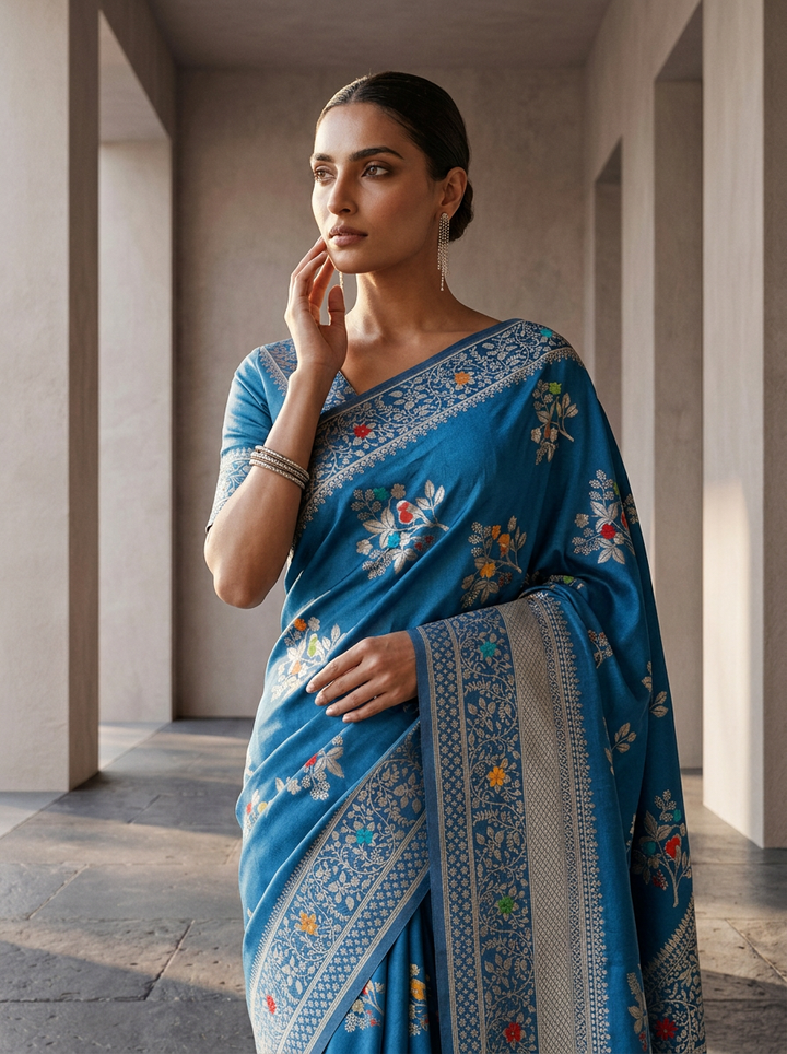 Blue Heavy Floral Design Weaved Silk Saree