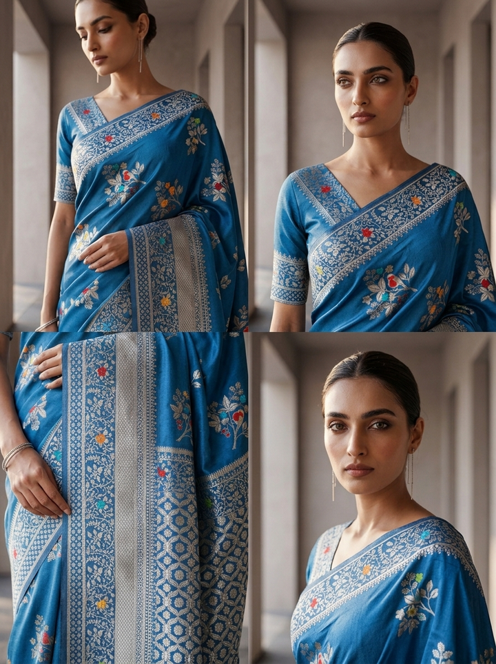 Blue Heavy Floral Design Weaved Silk Saree