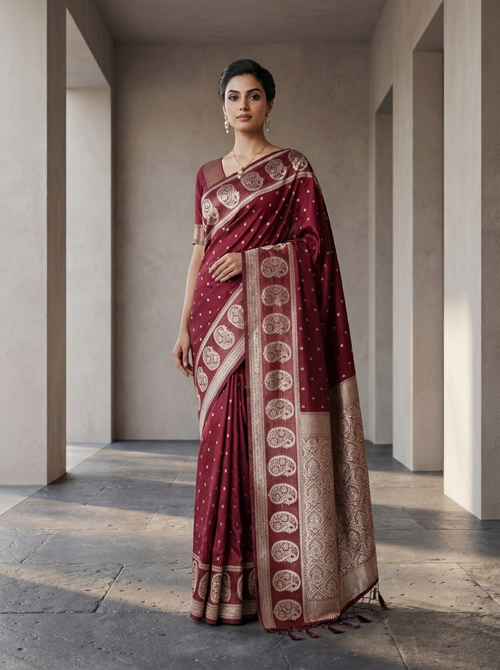 Maroon Silk Saree With Gold Zari Woven Border and Buti Design