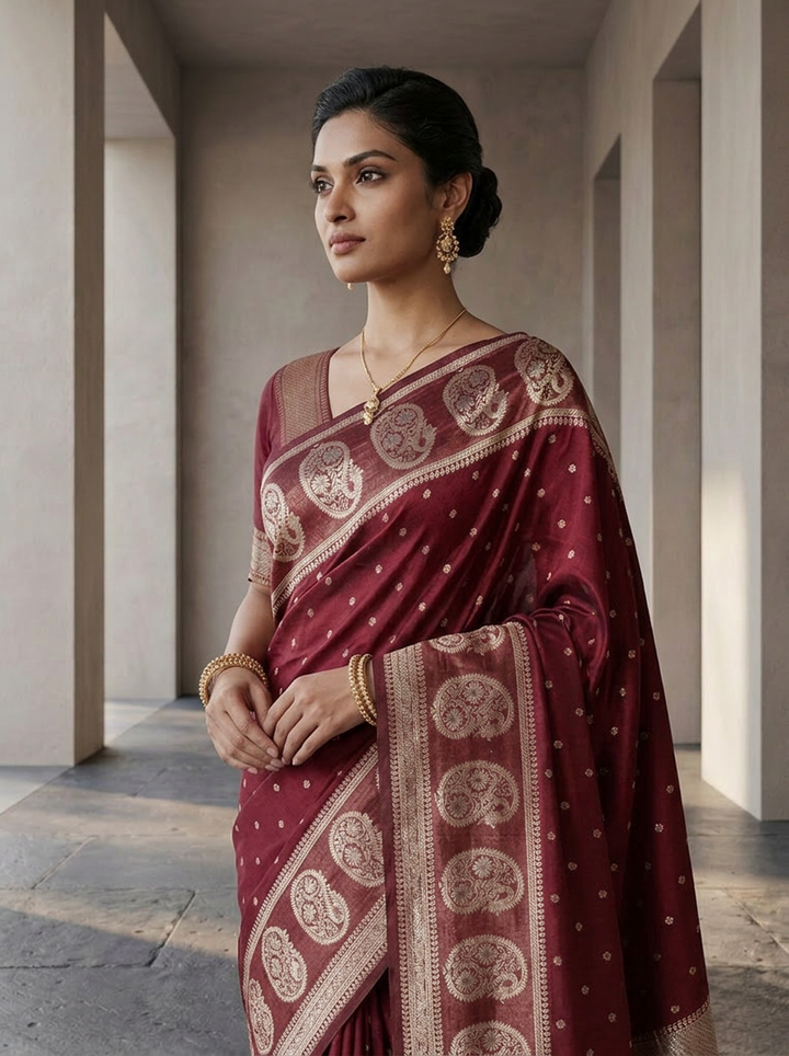 Maroon Silk Saree With Gold Zari Woven Border and Buti Design