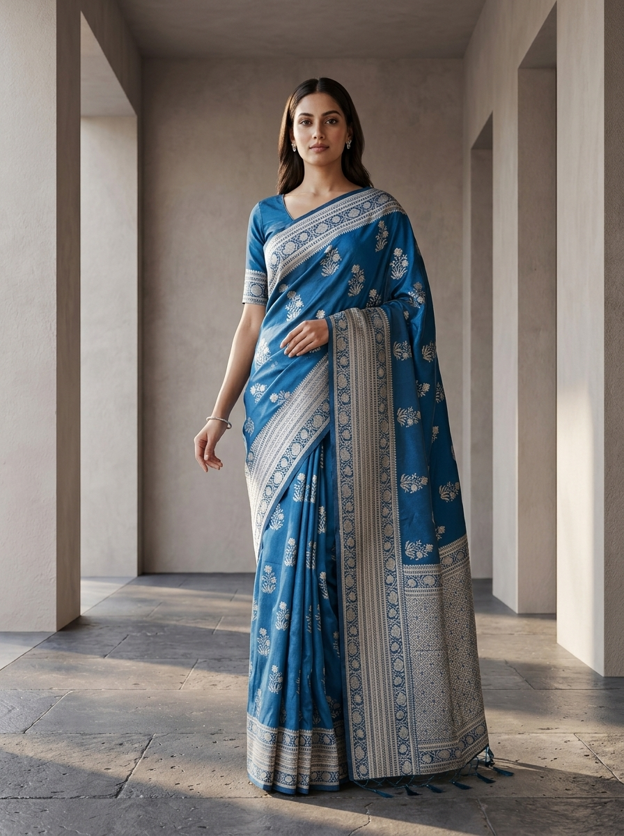 Peacock Paisley And Floral Design Silk Saree