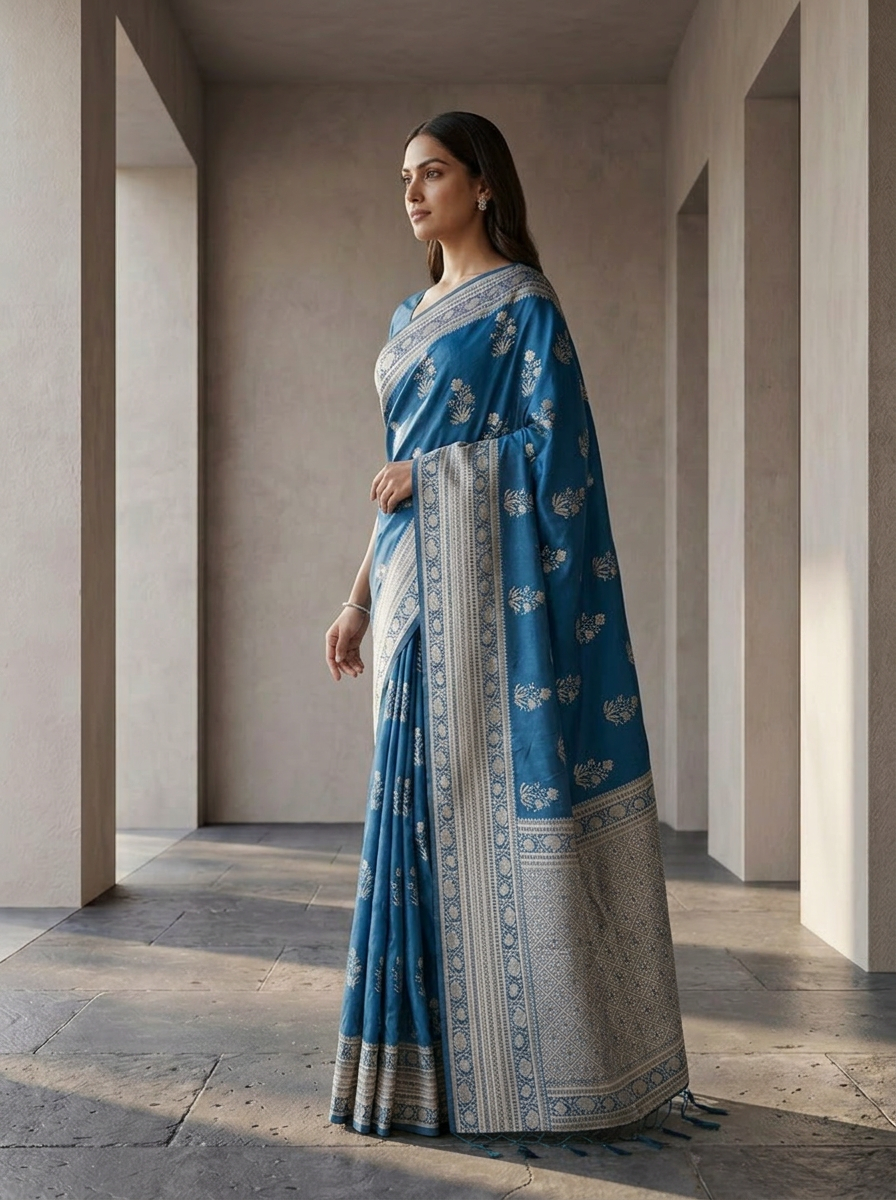 Peacock Paisley And Floral Design Silk Saree