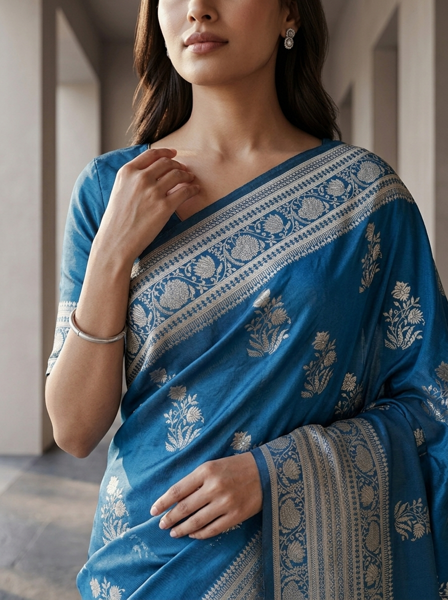 Peacock Paisley And Floral Design Silk Saree