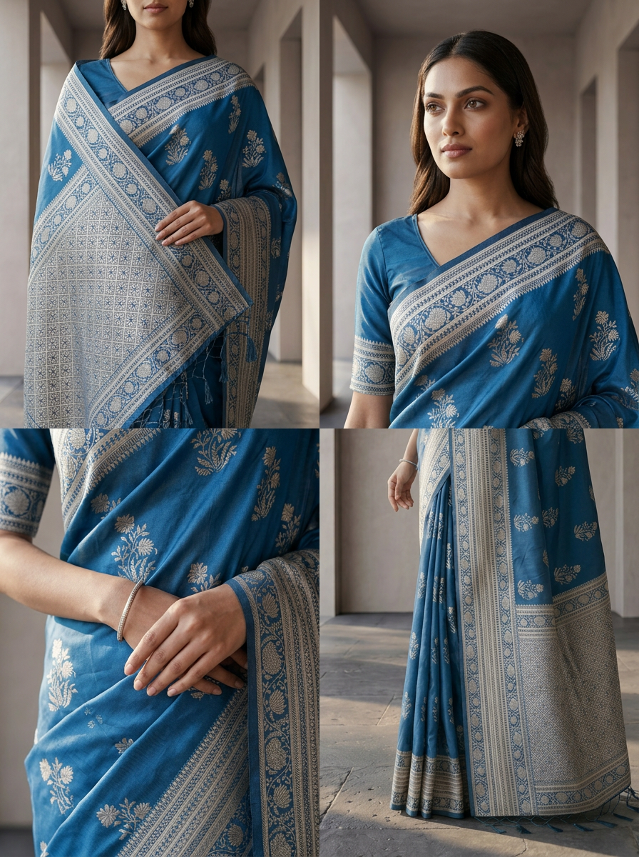 Peacock Paisley And Floral Design Silk Saree