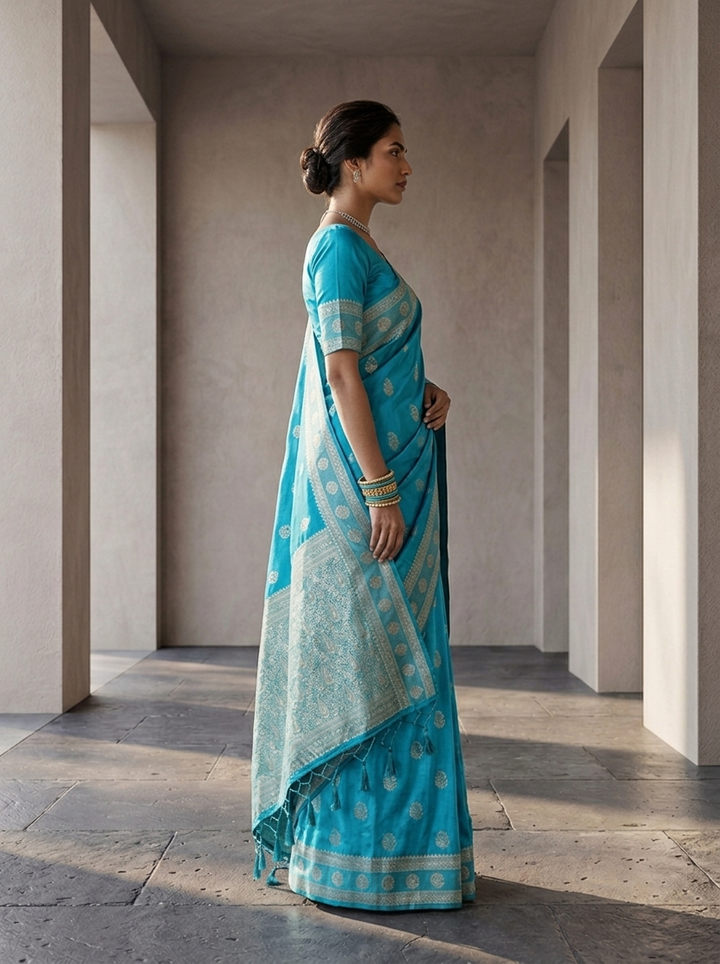 Sky Blue Silk Saree With Silver Zari Woven Border and Buti Design