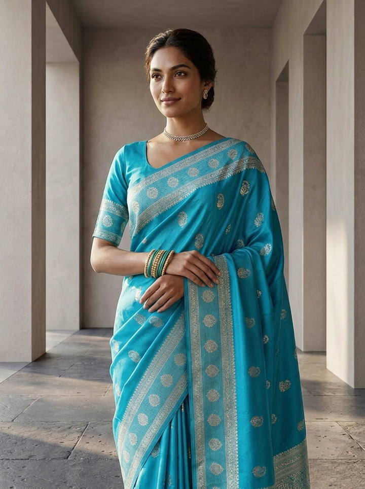 Sky Blue Silk Saree With Silver Zari Woven Border and Buti Design