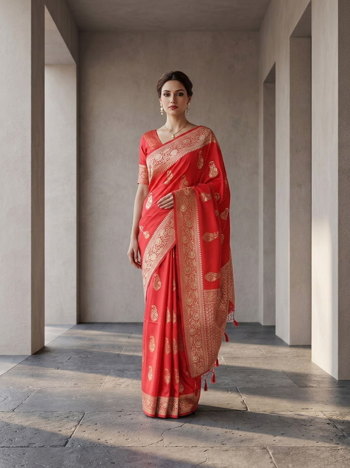 Coral Red Silk Saree with Floral Gold Zari Weaving
