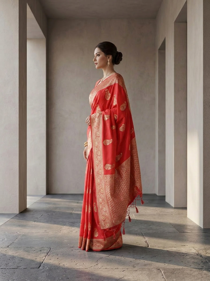Coral Red Silk Saree with Floral Gold Zari Weaving