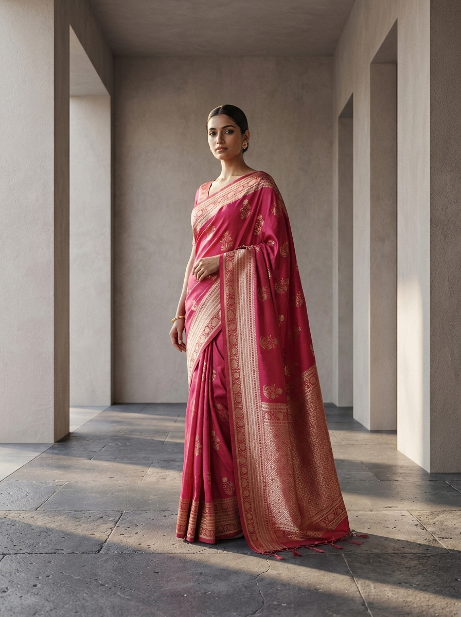 Pink Paisley And Floral Design Silk Saree