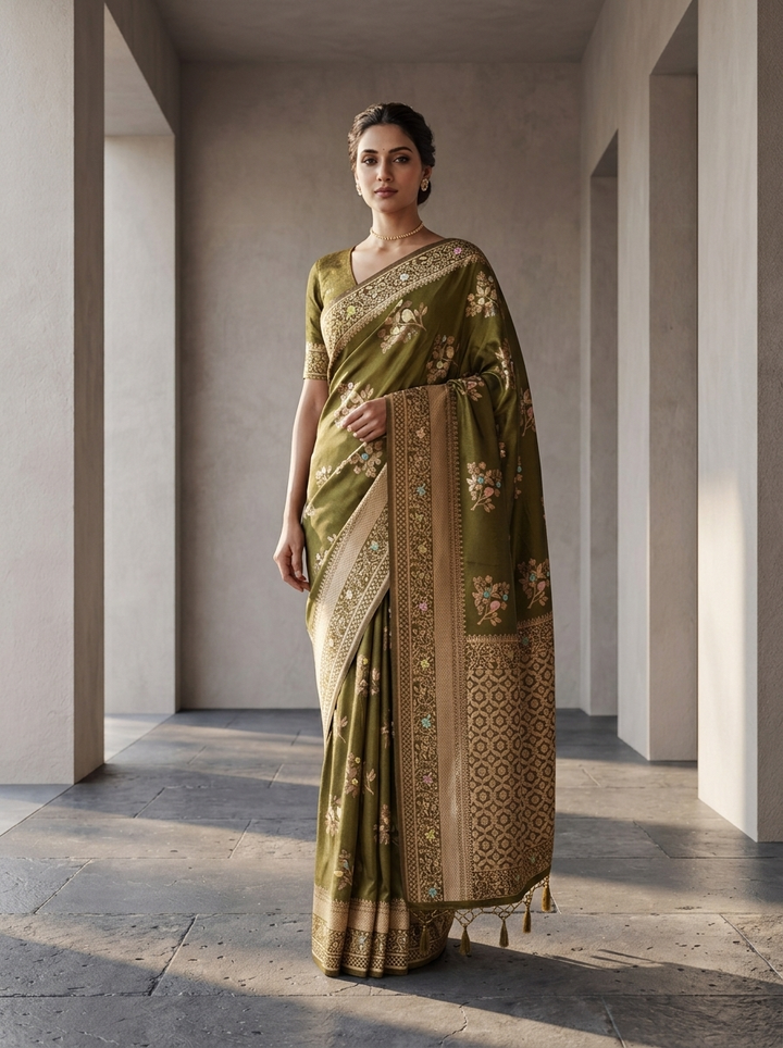 Mehadi Green Heavy Floral Design Weaved Silk Saree