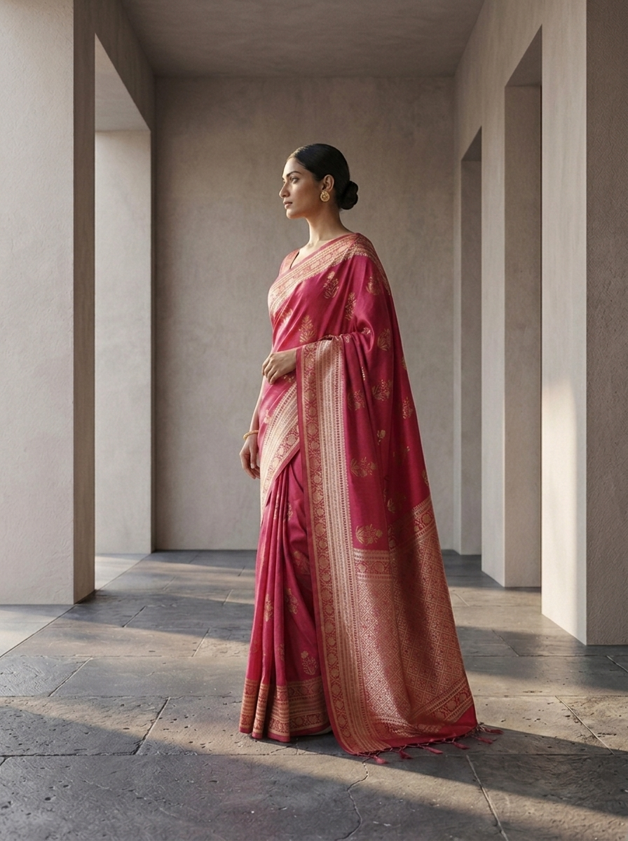 Pink Paisley And Floral Design Silk Saree