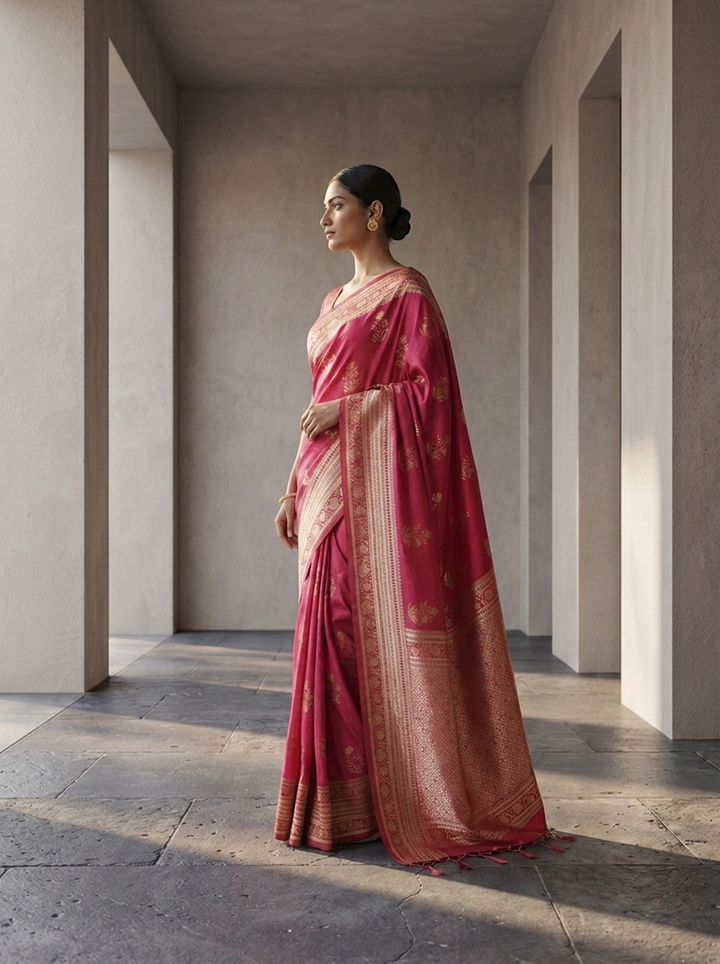 Pink Paisley And Floral Design Silk Saree
