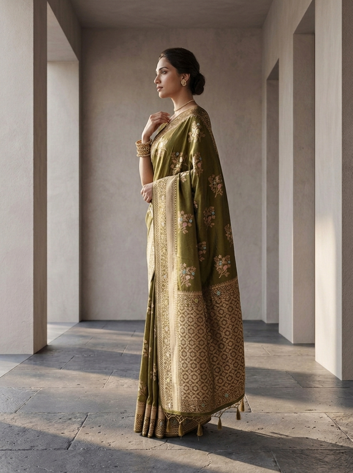 Mehadi Green Heavy Floral Design Weaved Silk Saree