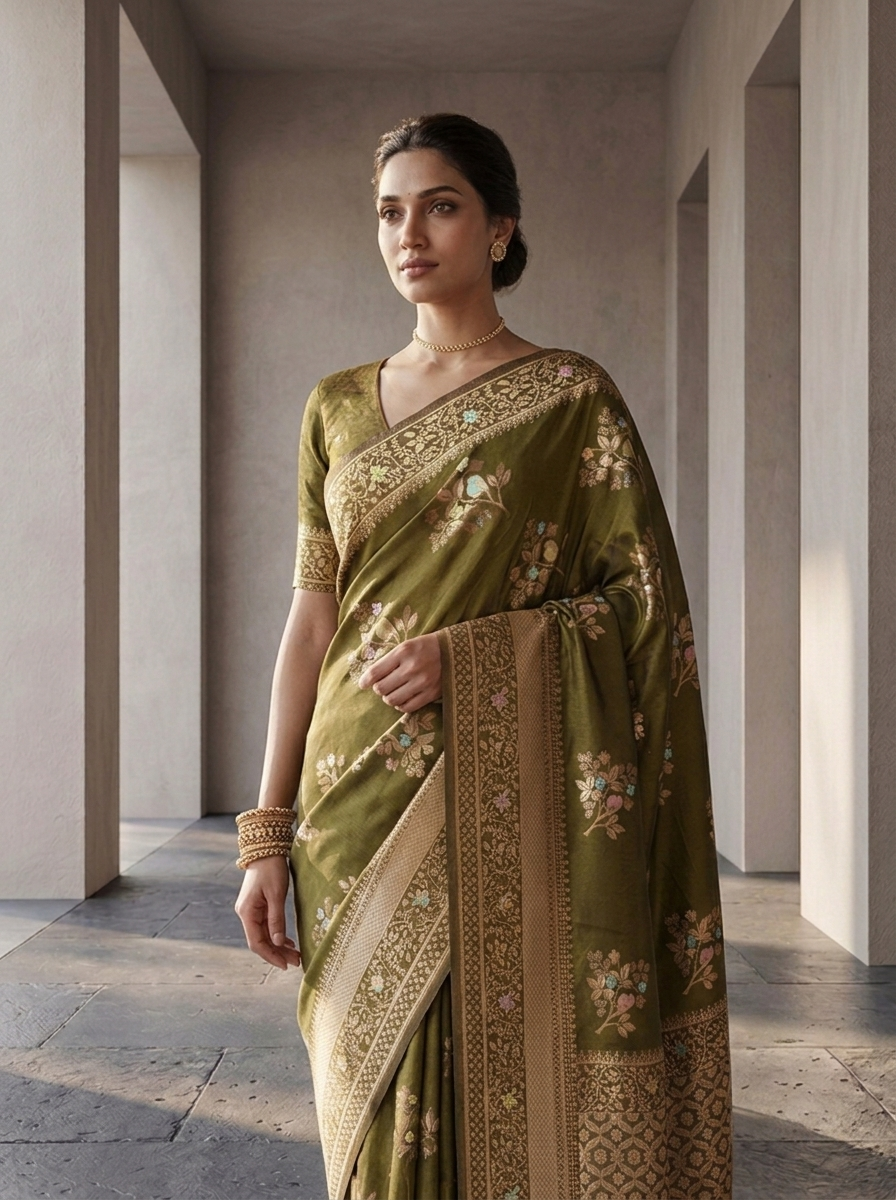 Mehadi Green Heavy Floral Design Weaved Silk Saree