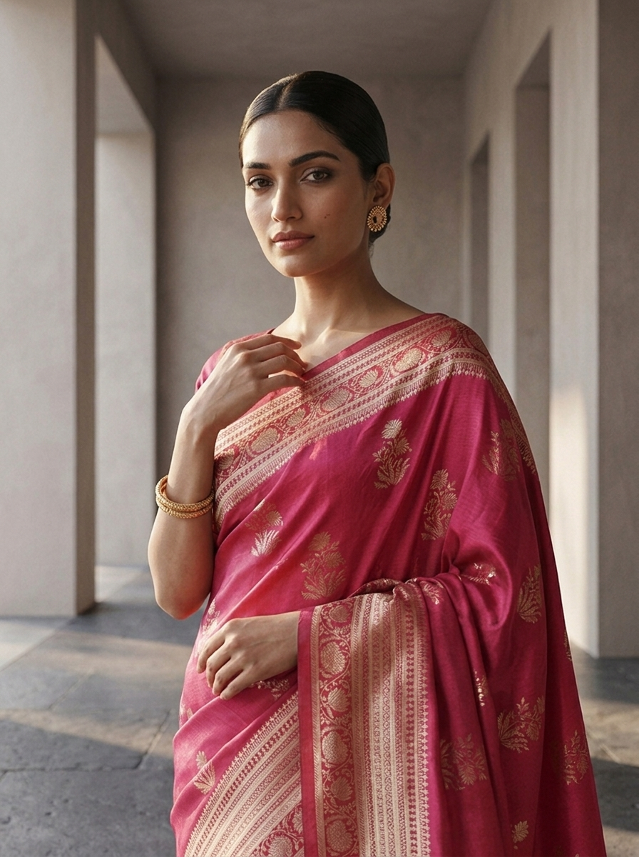 Pink Paisley And Floral Design Silk Saree