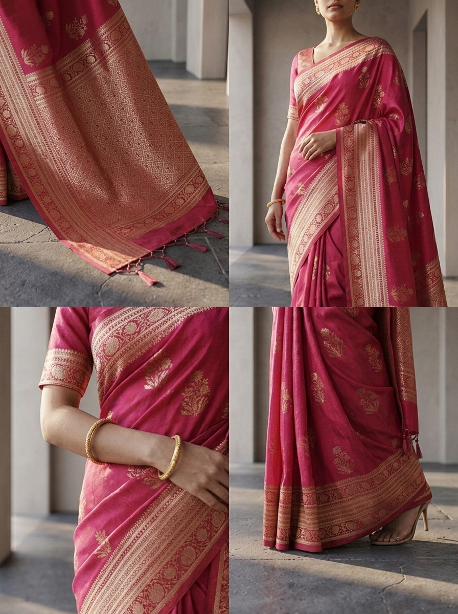 Pink Paisley And Floral Design Silk Saree