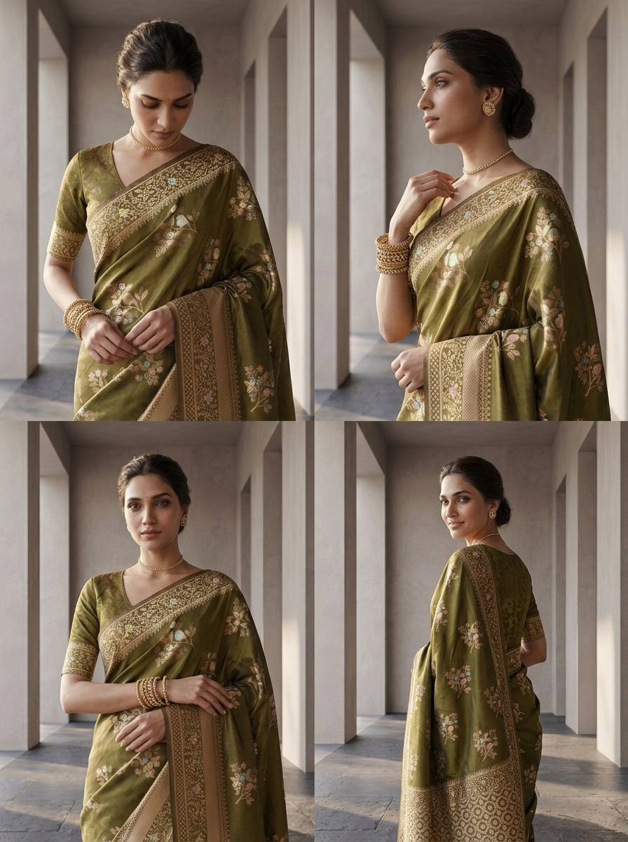Mehadi Green Heavy Floral Design Weaved Silk Saree