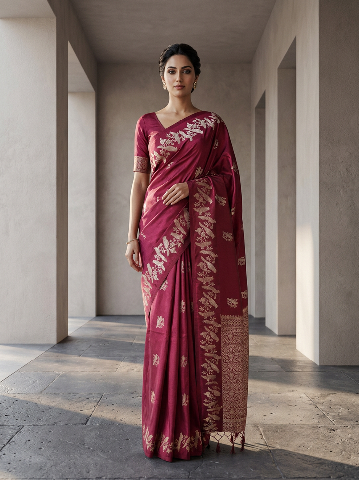 Wine Silk Saree With Zari Border