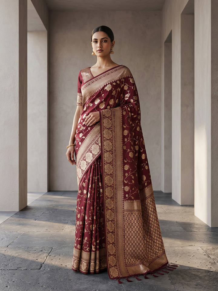 Wine Floral Design Weaved Silk Saree
