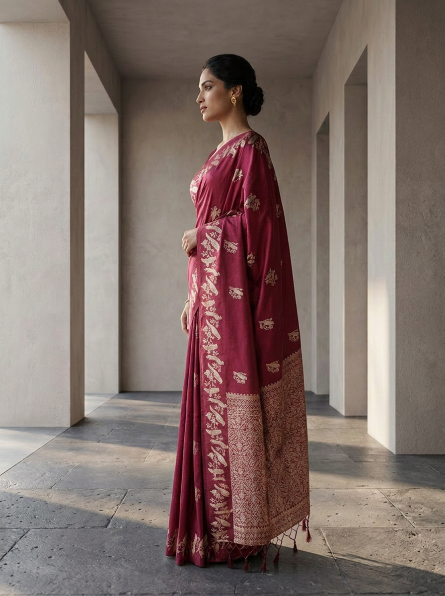 Wine Silk Saree With Zari Border