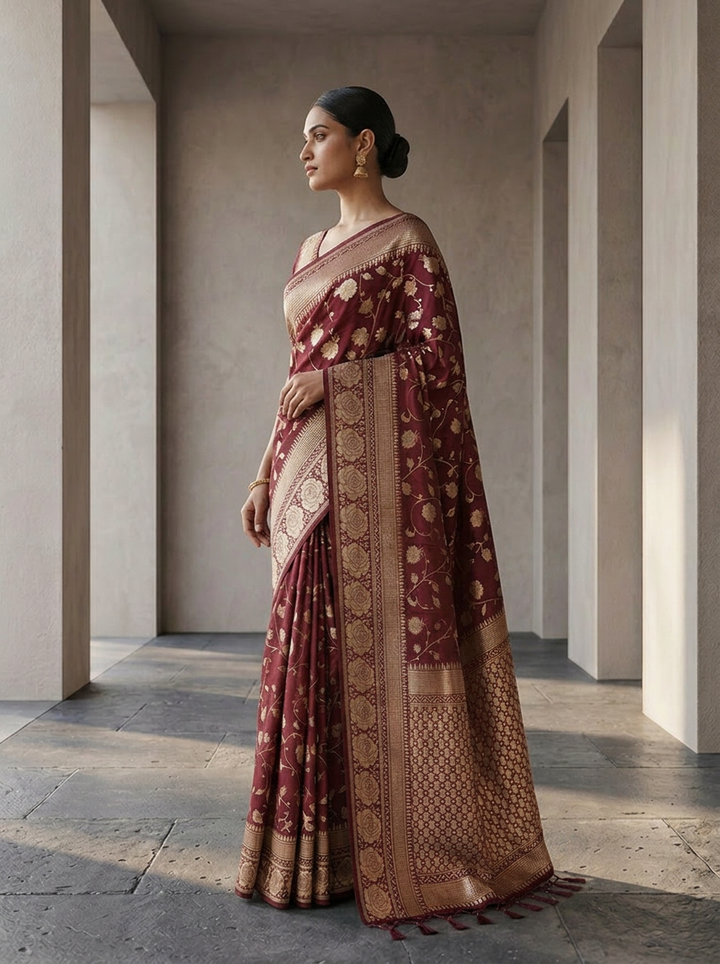 Wine Floral Design Weaved Silk Saree
